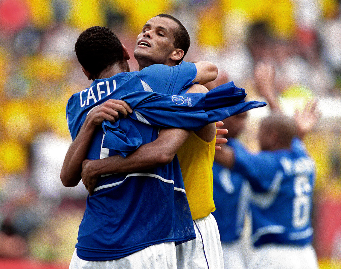 Rivaldo and Cafu of Brazil Celebrate a Win, Shizuoka, Japan